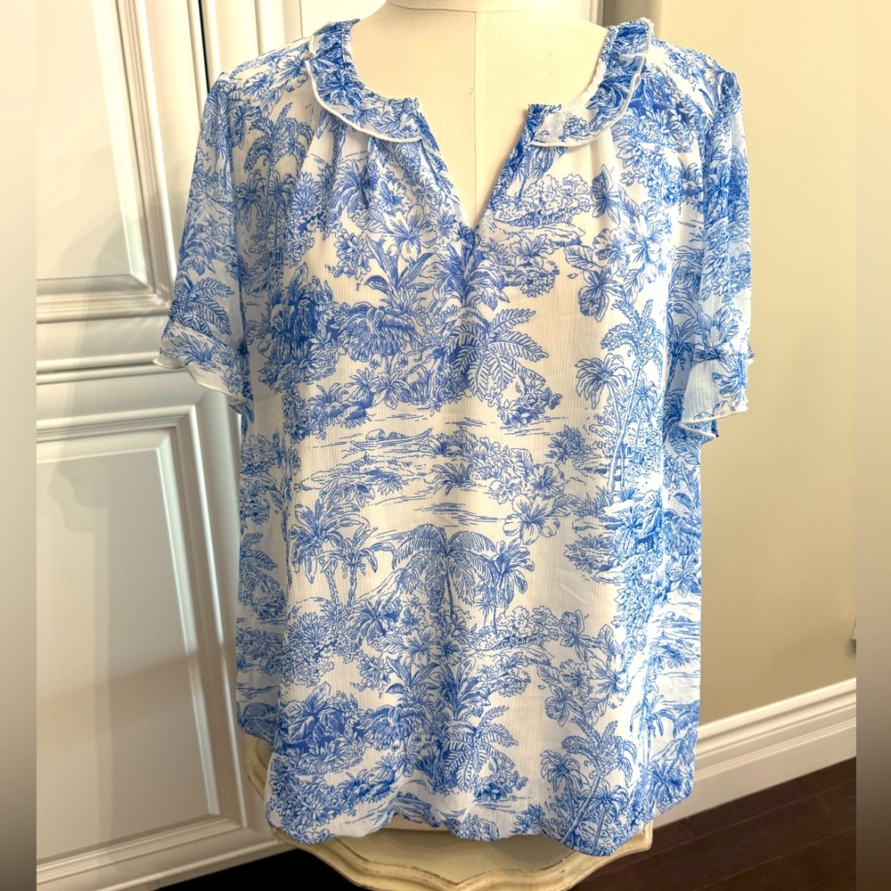 Tamara H. Plus Sz 2X White/Blue Short Sleeve V-Neck Blouse Ruffles Elastic Hem